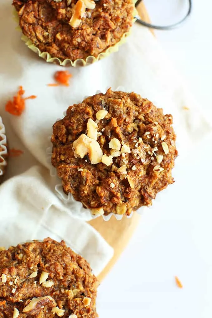 Easy wholesome carrot walnut muffins. Just one bowl required. Vegan and gluten free.