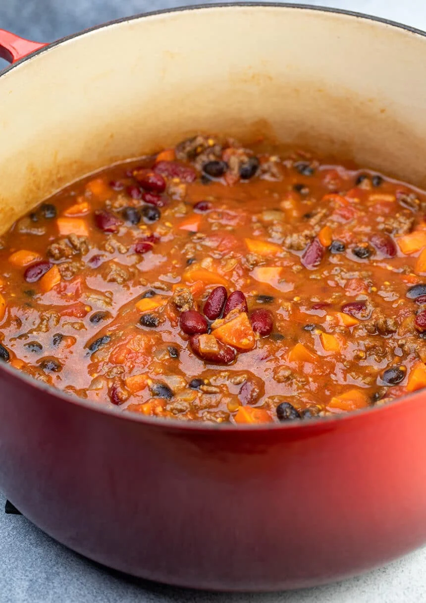 Finished gluten free chili in red cast iron stockpot.