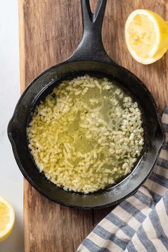Garlic butter lemon sauce in skillet
