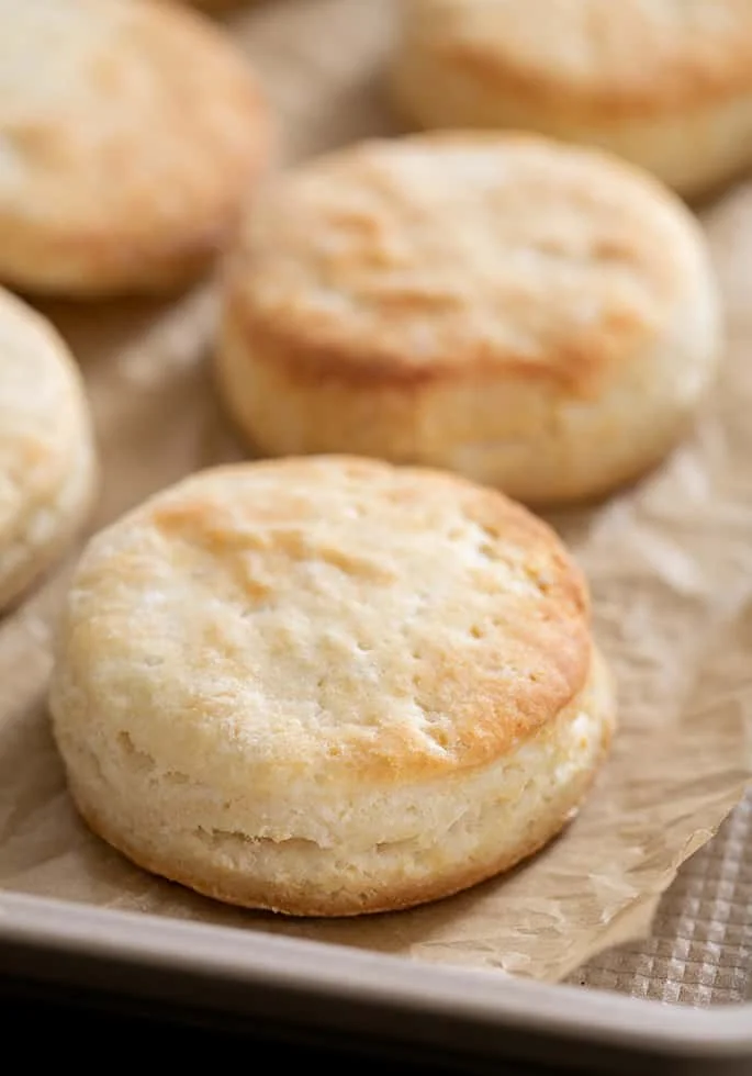 Gluten free angel biscuits made with baking powder and yeast on a baking sheet, just out of the oven.