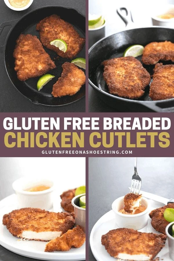 Gluten Free Breaded Chicken Cutlets in the pan and cut on a plate