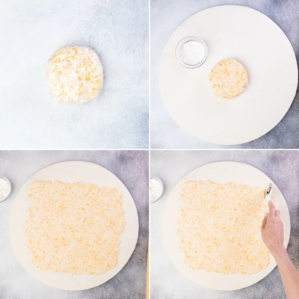 gluten free cheese cracker dough with gluten free flour in a disk, then rolled out and trimmed with a pastry wheel