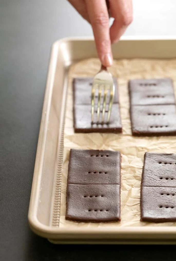 Gluten free chocolate graham crackers raw being docked