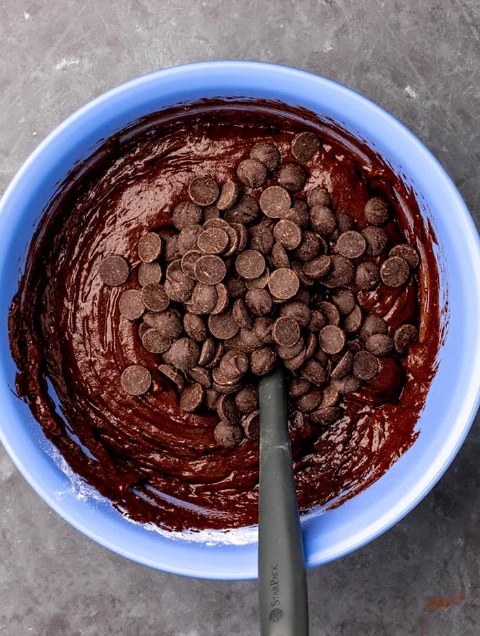 Gluten free chocolate muffin batter with chocolate chips in blue mixing bowl with black spoon