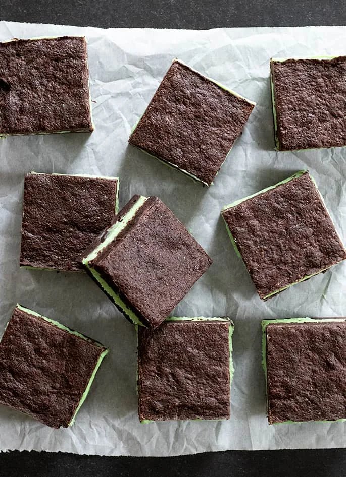 Gluten free grasshopper brownies sliced overhead