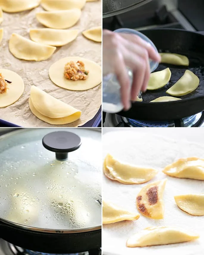 Gluten free potstickers being shaped, seared in a skillet, steamed and drained