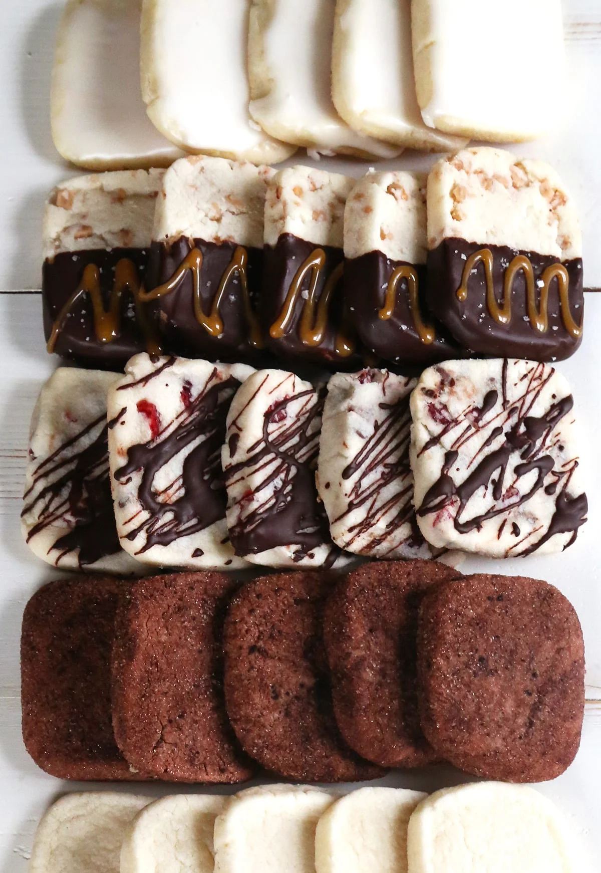 Gluten Free Shortbread Cookies 5 Ways: lemon glazed, toffee caramel, berry chocolate chip, mocha and plain