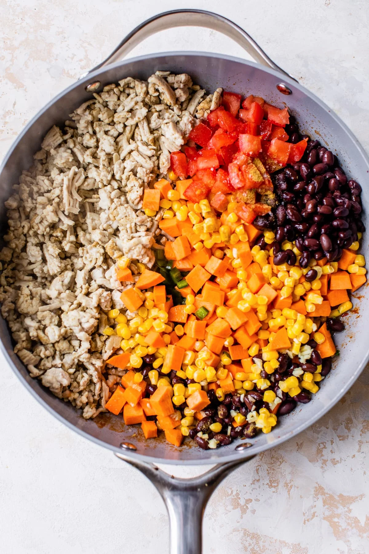 ground turkey, corn, black beans, tomatoes
