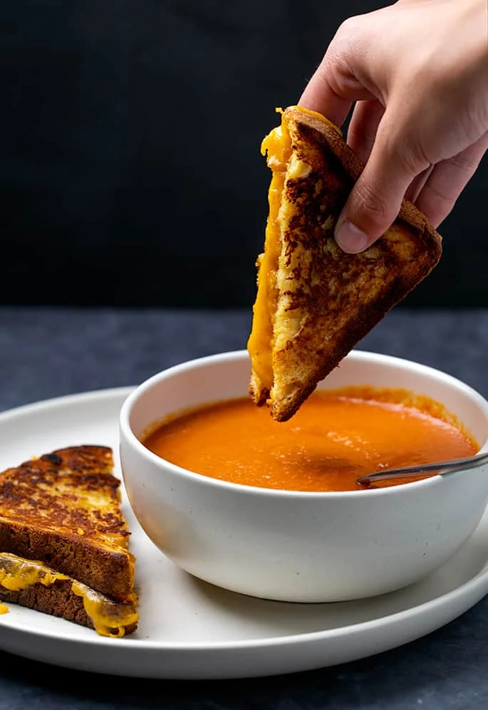 Hand holding triangle cut grilled cheese about to dip into bowl of tomato soup on plate