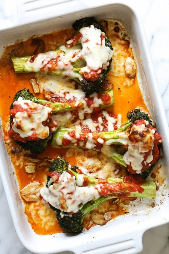 I have one of my favorite veggies, roasted broccoli the parmesan treatment topped with with marinara, parmesan and melted mozzarella. If it works for eggplant, why not broccoli! 