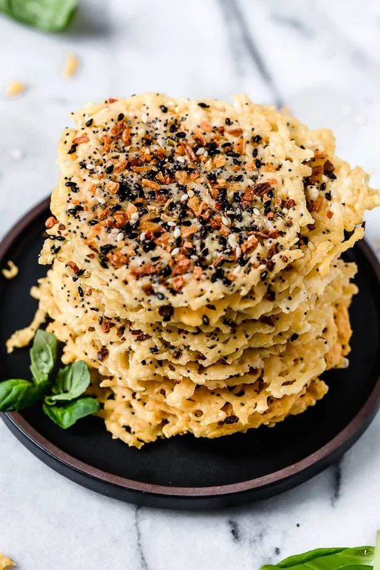 I love making these Everything Parmesan Crisps as a low-carb snack, to add to Caesar salad in place of croutons, with soup, or a great addition to any charcuterie board as an appetizer.
