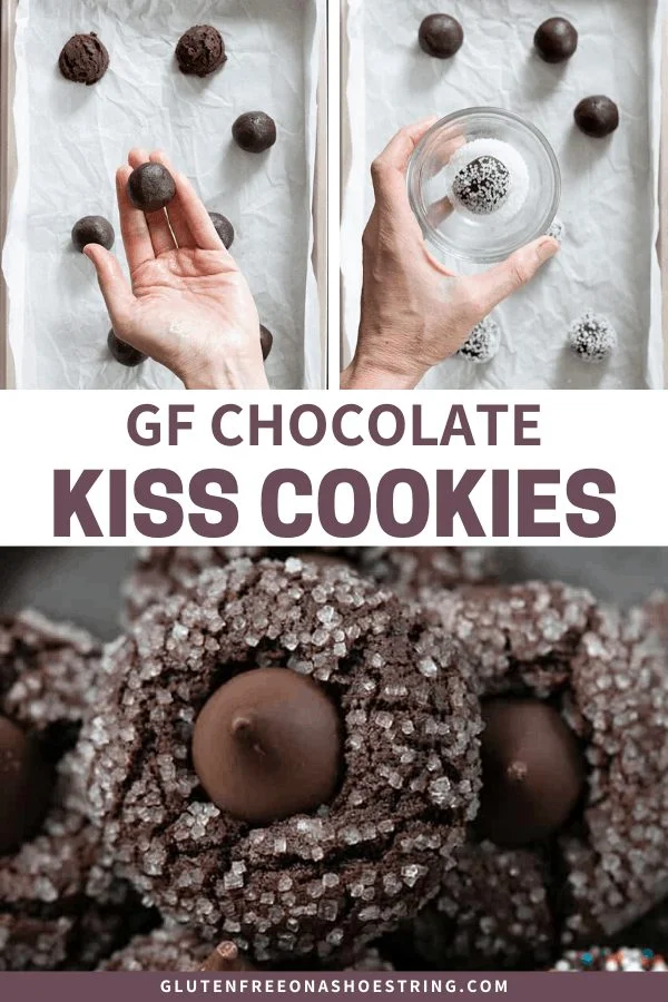 Image collage showing gluten free chocolate kiss cookies being made. 