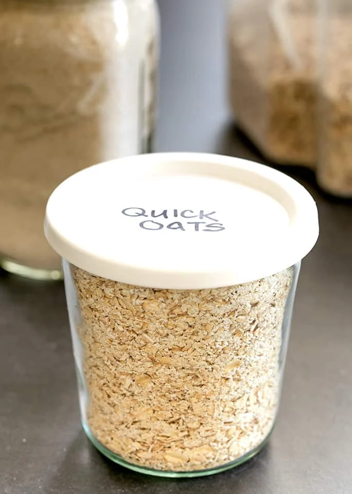 Image of homemade quick oats in a lidded jar.