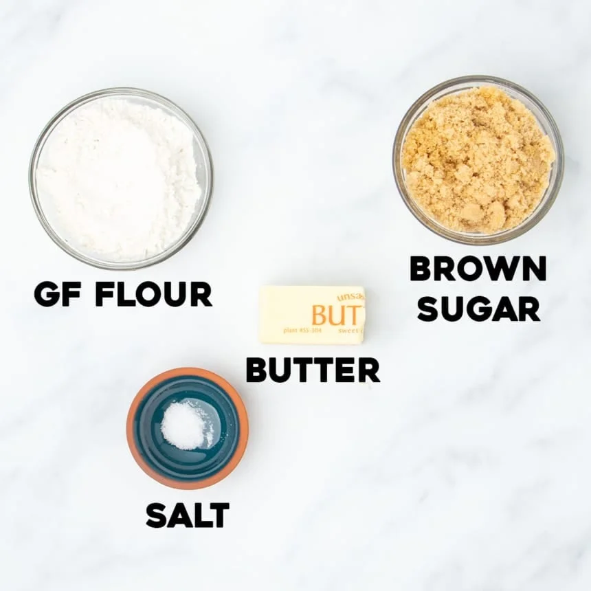 images of ingredients for gluten free muffins crumble mixture in small bowls with black block letters of name of each
