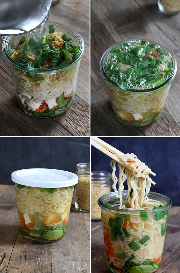 Images showing the steps to assembling a container of homemade gluten free ramen noodles.
