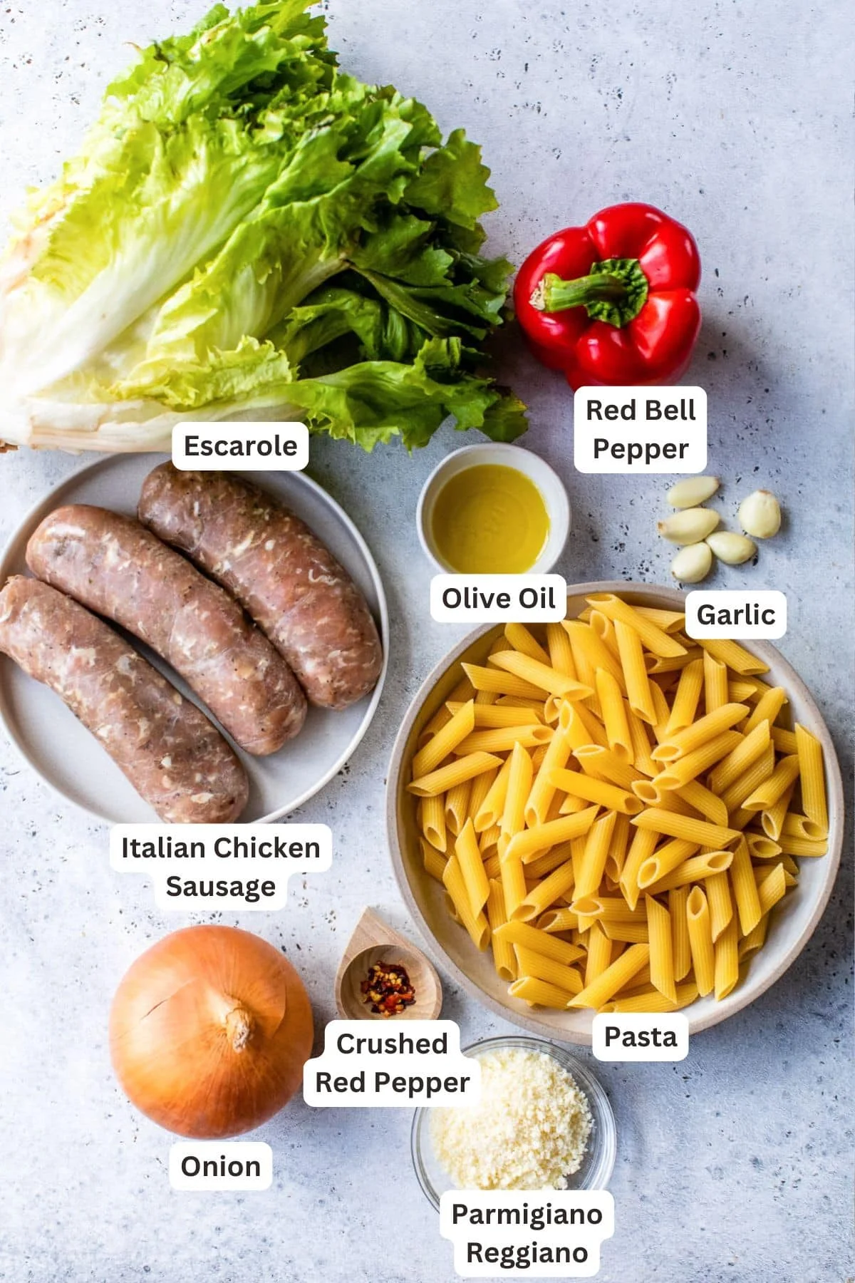 Ingredients for Escarole Pasta with Sausage and Peppers.