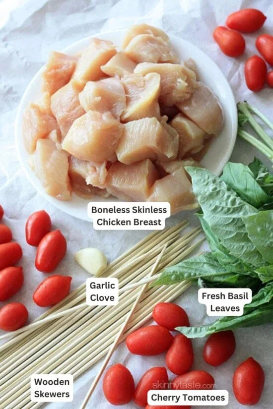 Ingredients for Grilled Pesto Chicken and Tomato Kebabs.