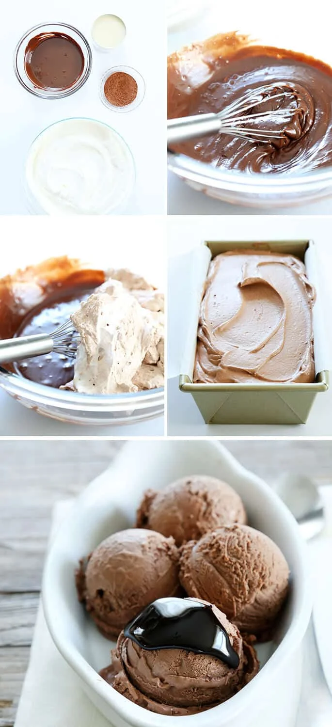 Ingredients for ice cream being whisked together in bowl, ice cream in a loaf pan and ice cram in a white bowl