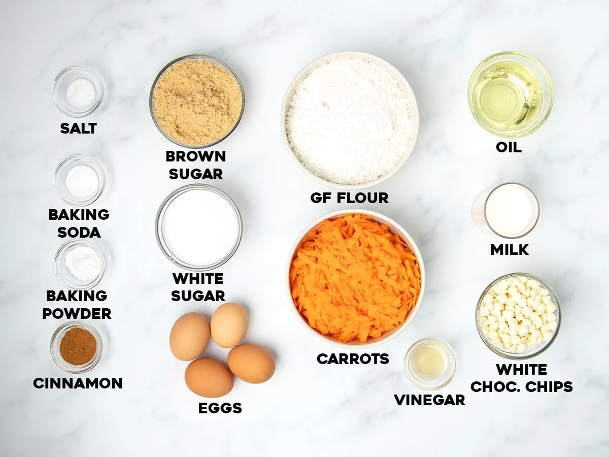 Ingredients required to make the recipe in small bowls with names of ingredients in black typeface.