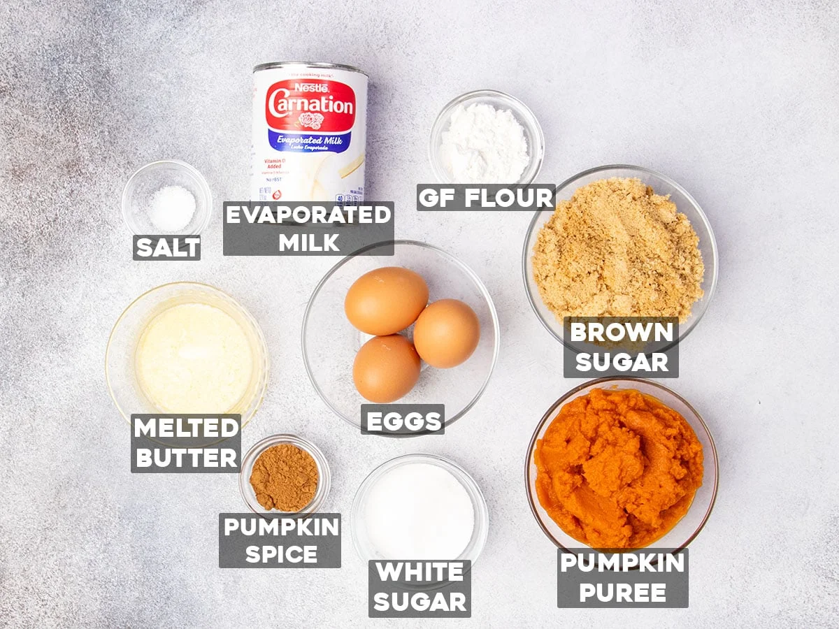 Ingredients required to make the recipe in small glass bowls with identifying ingredient words.