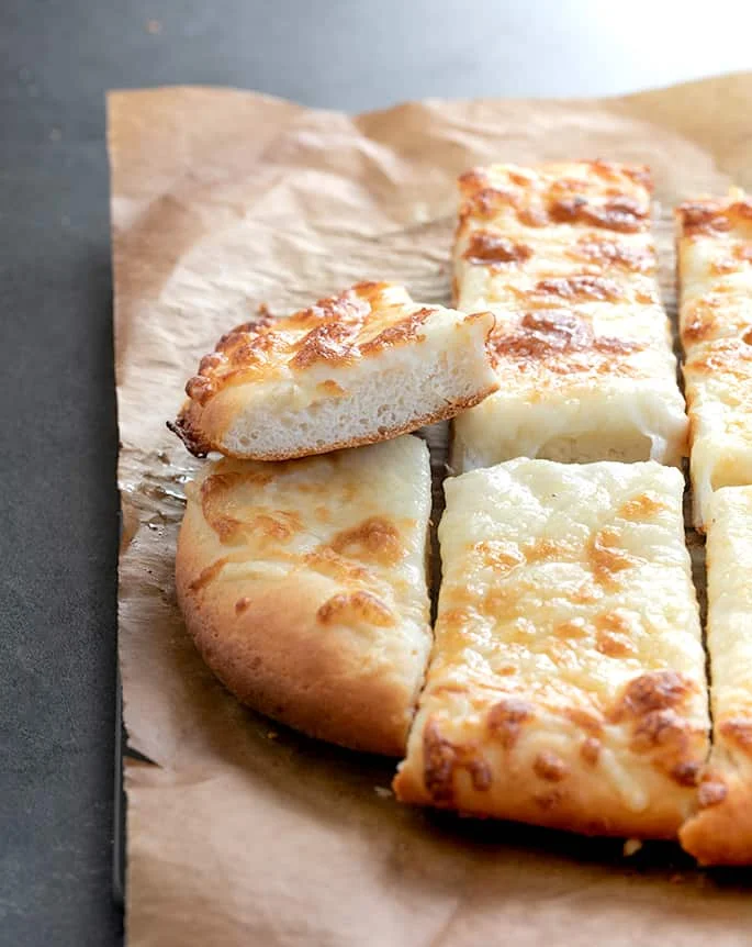 Inside crumb of garlic pizza breadsticks