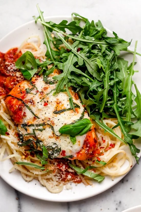 Instant Pot chicken parmesan over a bed of spaghetti
