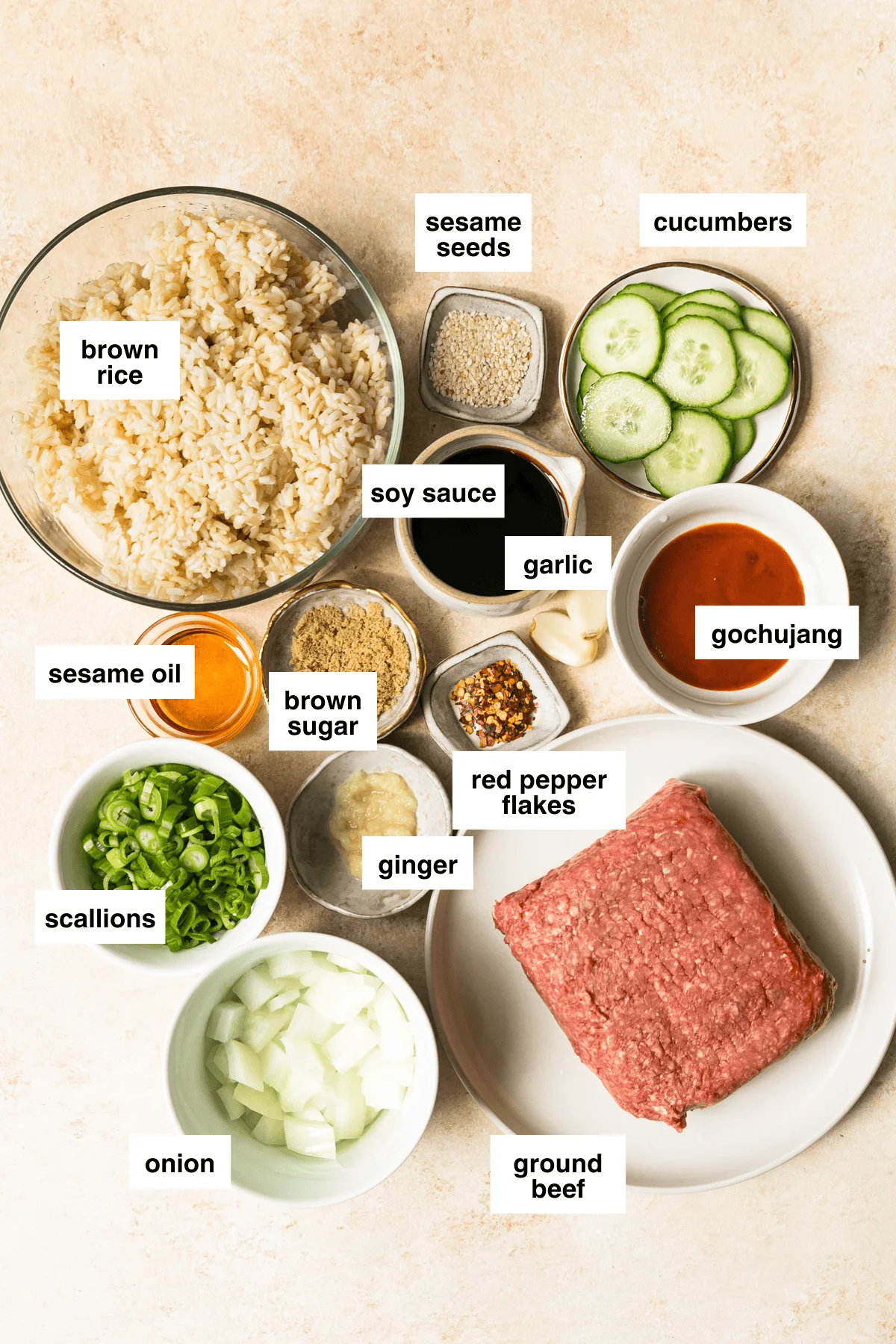 Korean Beef Bowl labeled ingredients
