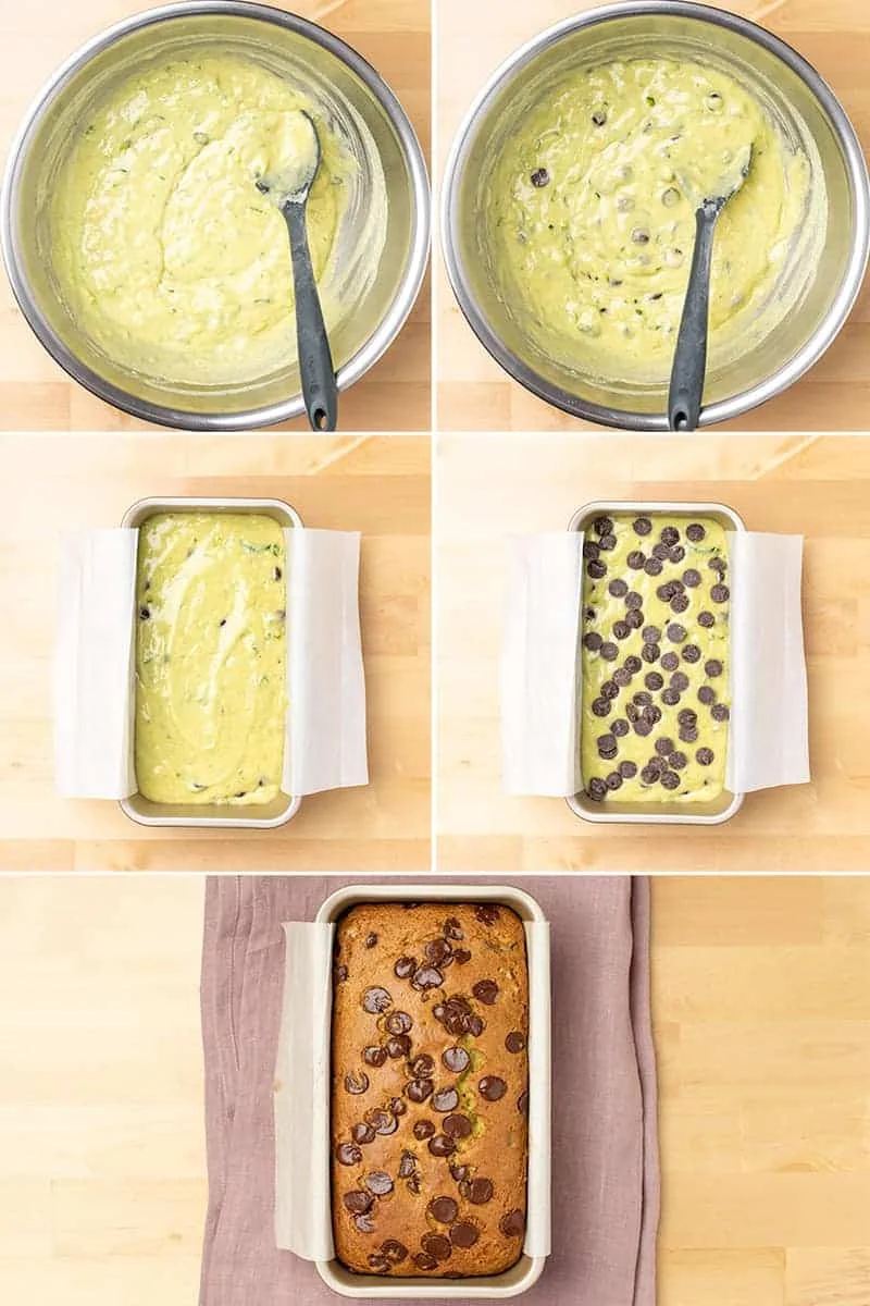 Large metal mixing bowl with light green batter and black mixing spoon, with chocolate chips added, batter in white paper-lined metal loaf pan, with chocolate chips on top, and baked in same pan.