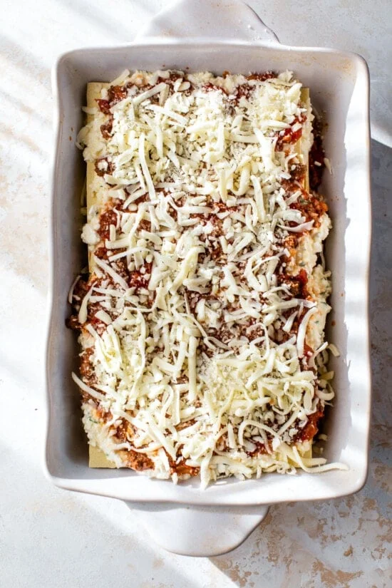 Lasagna recipe steps, layering each element