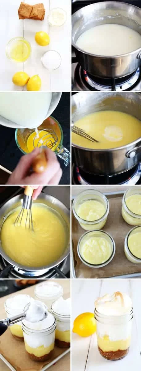 Lemon meringue pie being made and placed in jars