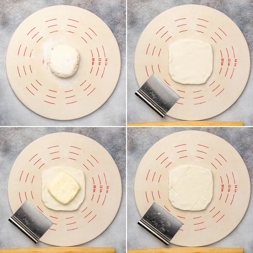 Light tan disk of the dough on light tan pastry board sprinkled with flour.