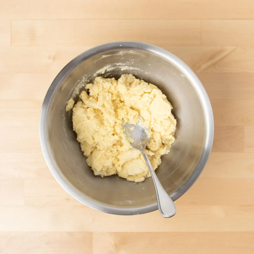 Light yellow cookie dough with eggs mixed in with metal mixing spoon.