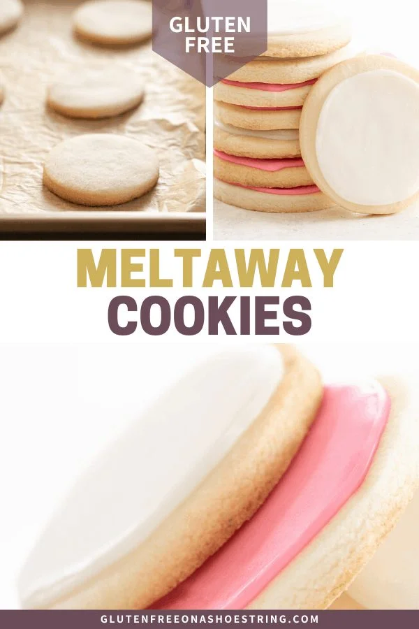 Meltaway cutout cookies baked on tray, in a stack, and in a pile on a plate