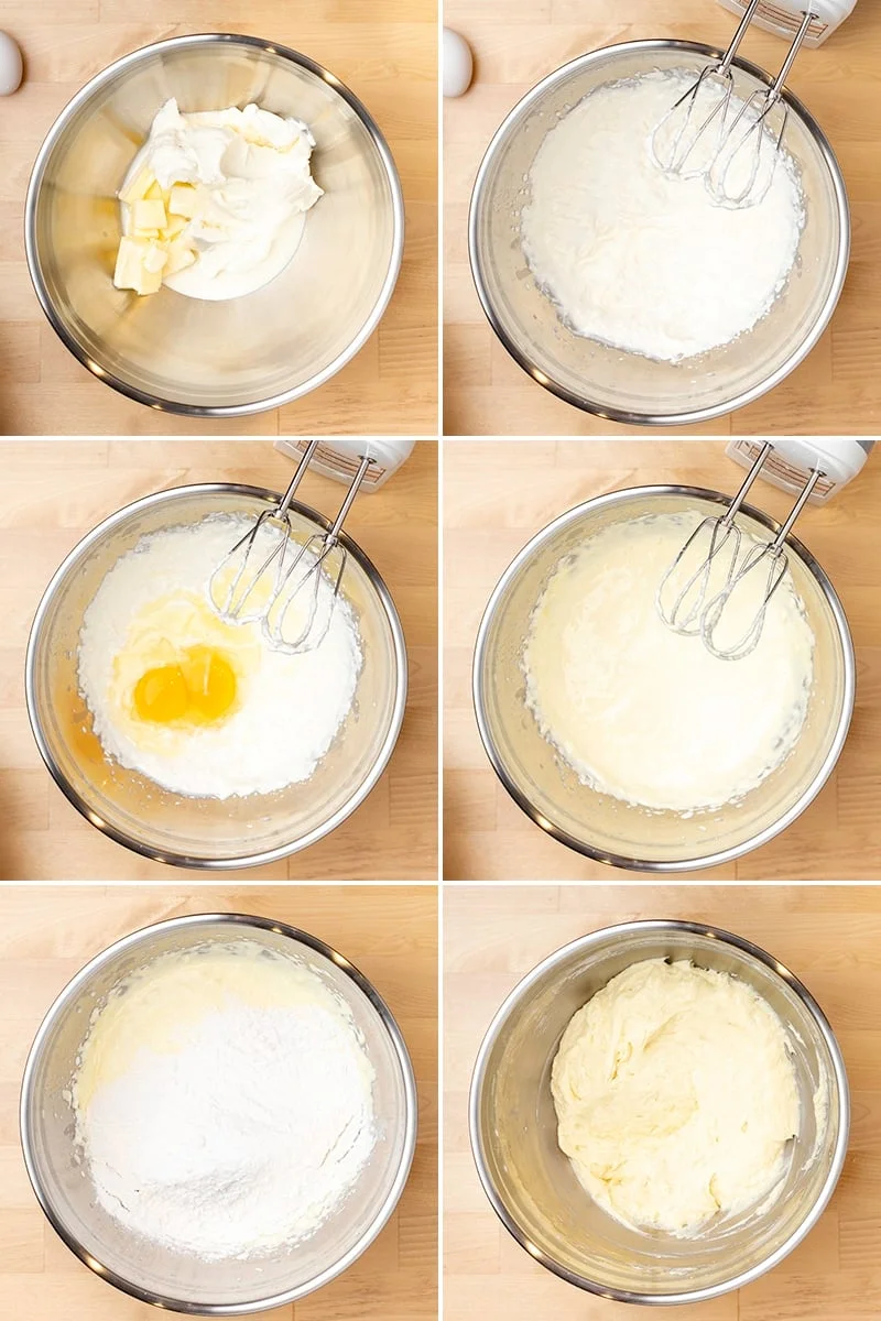 metal mixing bowl with butter and cream cheese, mixture beaten with handheld mixer, with two eggs added, and then beaten, with dry ingredients on top and then beaten.