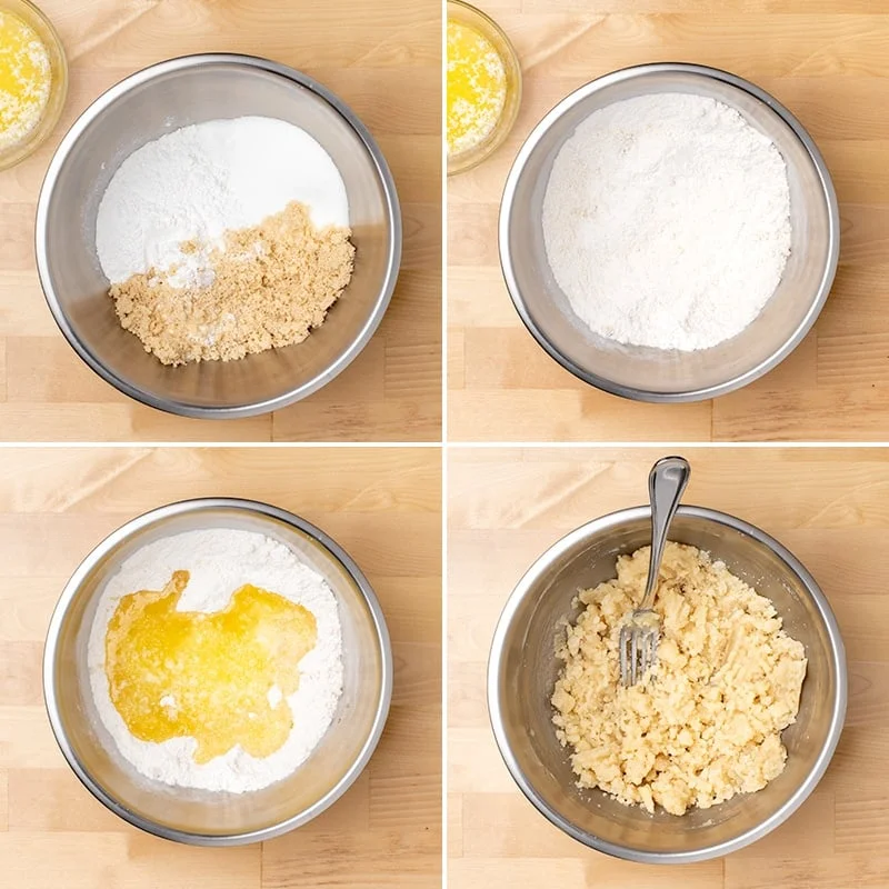 Mixing bowl with white and light brown ingredients, ingredients whisked, with yellow liquid added, and mixed into light brown clumps with fork