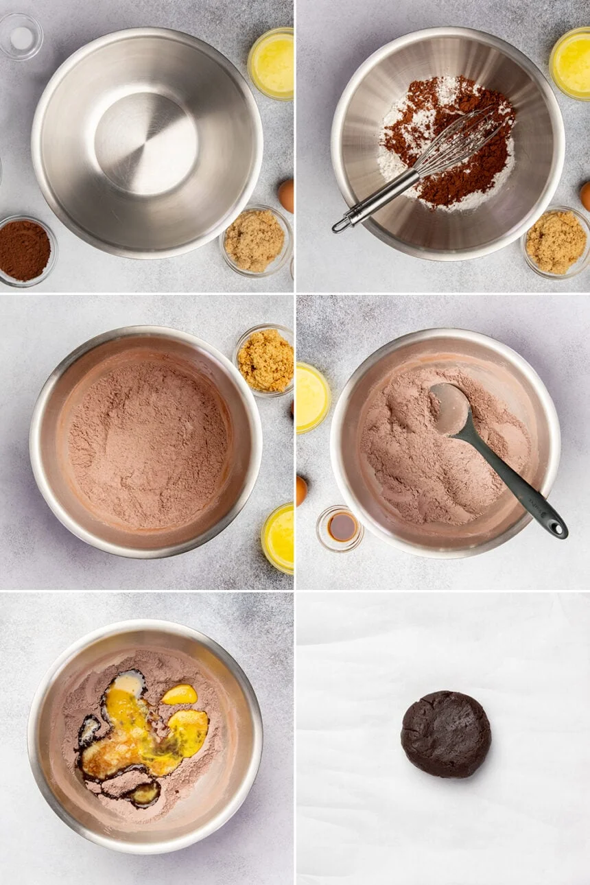 mixing the ingredients for chocolate wafer cookie dough in round metal bowl with a whisk and a mixing spoon