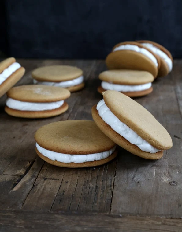Moon pies on wooden surface. 