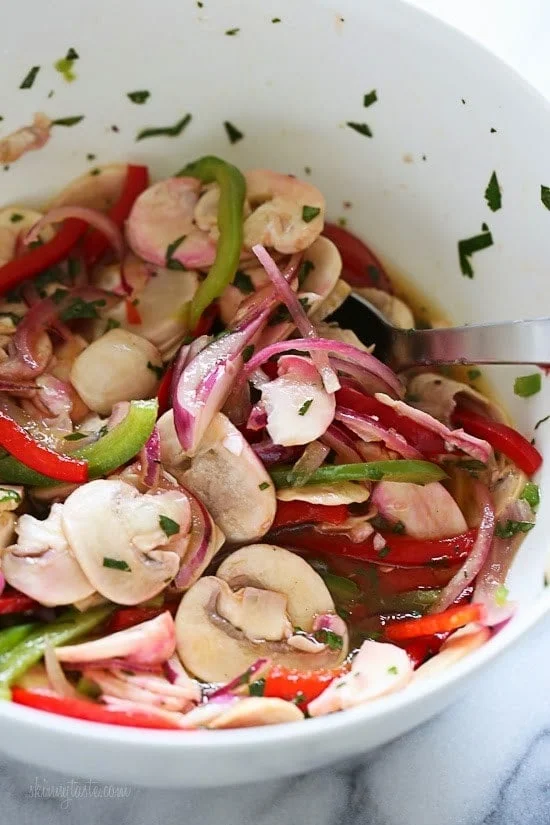 Mushroom ceviche marinated overnight with lemon juice, cilantro, red onion and bell pepper. All the flavors of ceviche without the seafood! 100% Vegetarian!