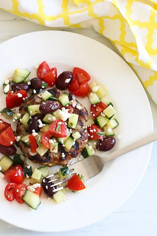 Naked Greek Feta-Zucchini Turkey Burgers – juicy turkey burgers topped with Greek Salad for the win!