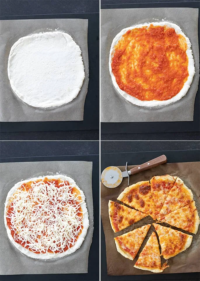 New York Style Pizza raw, with sauce, with sauce and cheese, and baked and sliced