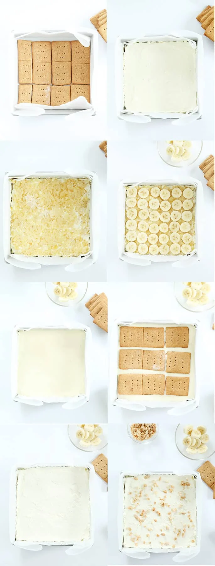 No Bake Banana Split Cake, made gluten free. A graham cracker crust, topped with fluffy cream cheese, bananas, crushed pineapple, vanilla pudding and whipped cream—and a cherry on top!