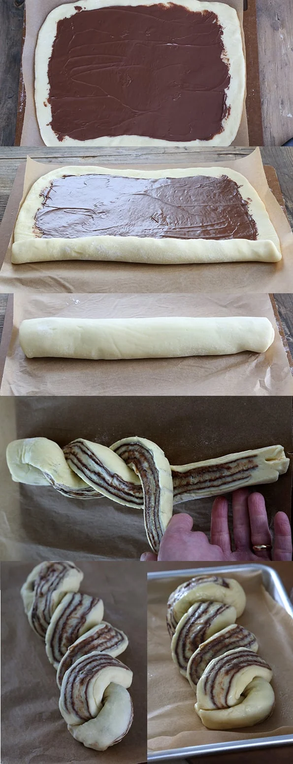 Nutella bread dough on wooden surface 