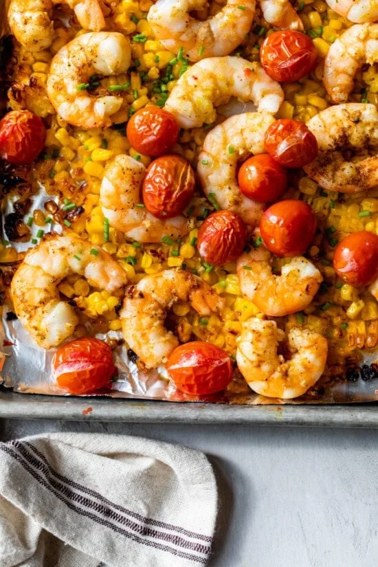 Old Bay Sheet Pan Shrimp with Corn and Tomatoes