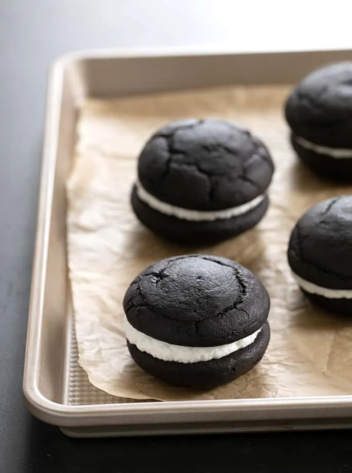 Oreo Cakesters on a metal tray.