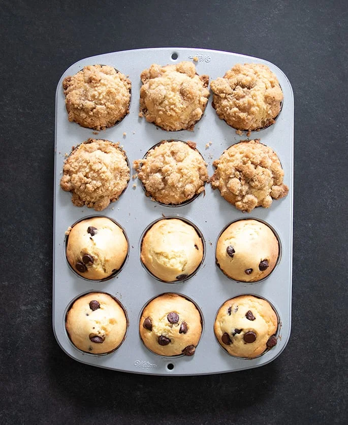 Overhead image of 12 muffins baked in a tin