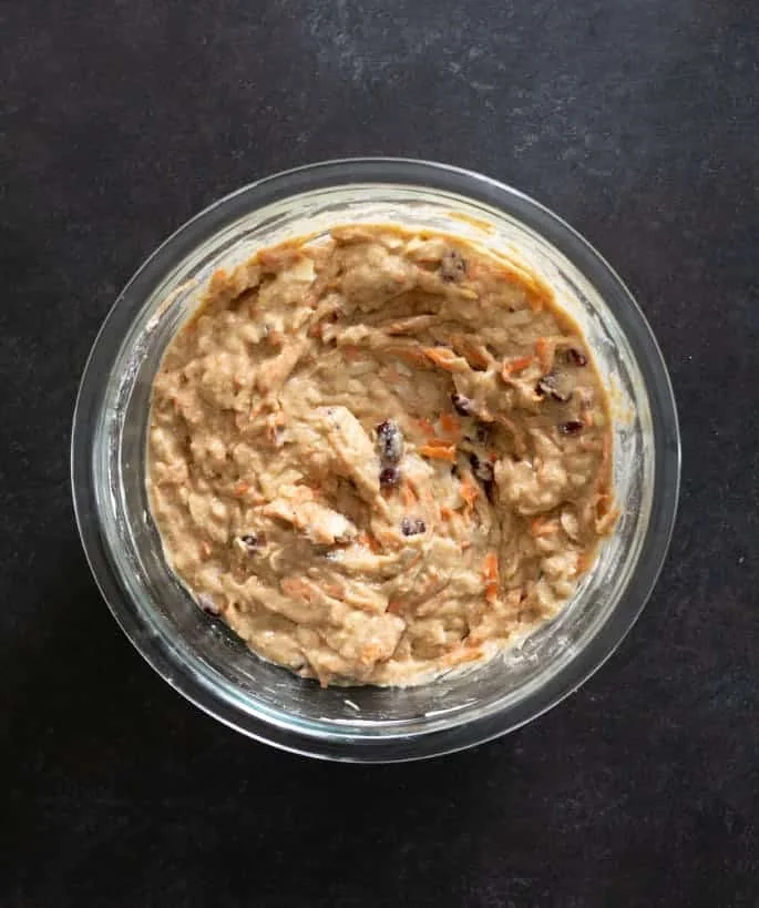 Overhead image of bowl of raw morning glory muffin batter
