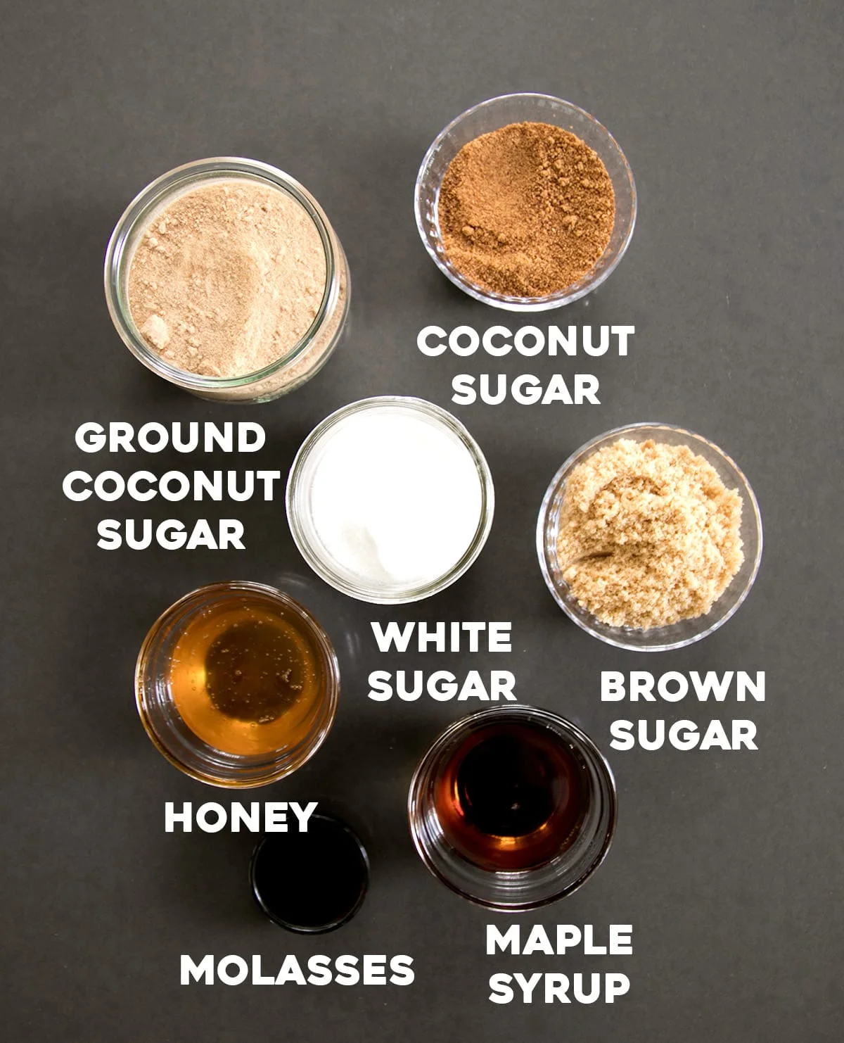 overhead image of different types of sugars for making granola bars