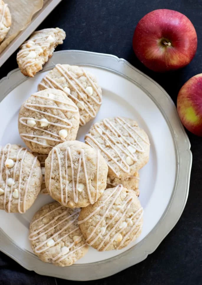 Overhead image of gluten free apple pie cookies on a platter.