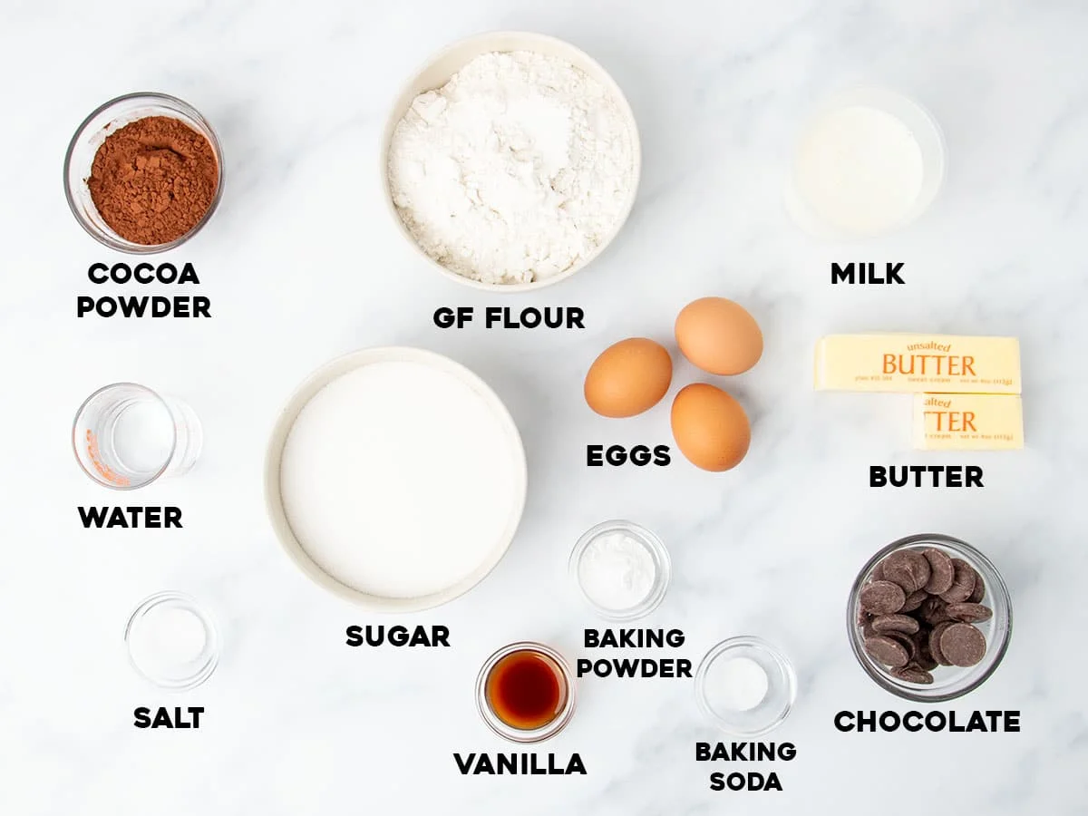 overhead image of gluten free chocolate bundt cake ingredients in small bowls with black block letters with names of each listed