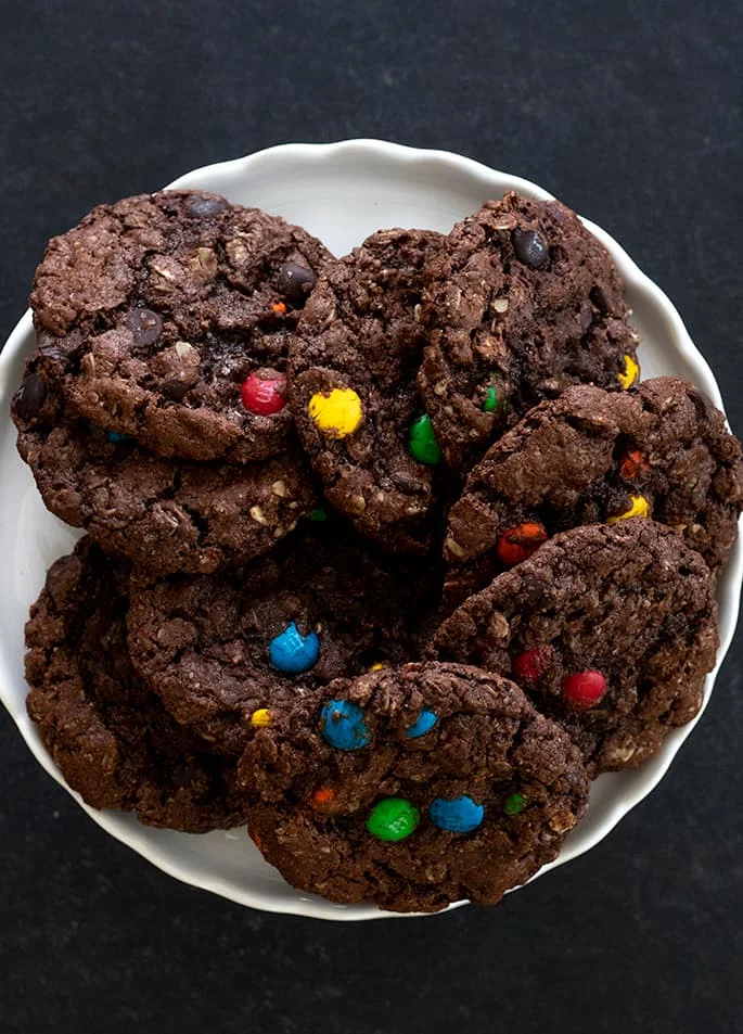 Overhead image of Nutella monster cookies on a cake plate
